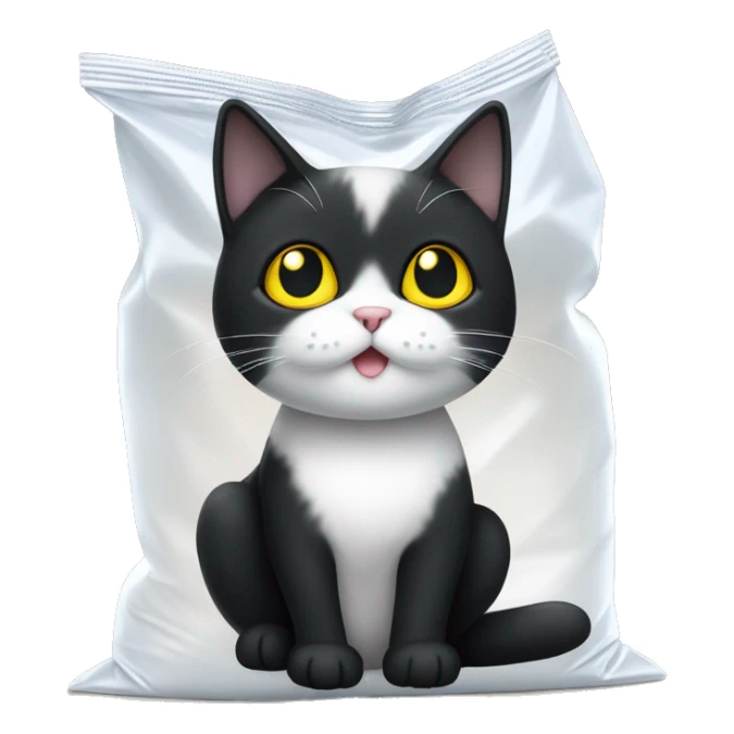 A little black and white cat sitting in a white plastic bag. The cat is mostly black except for white on her nose and paws. The cat has yellow eyes  sticker