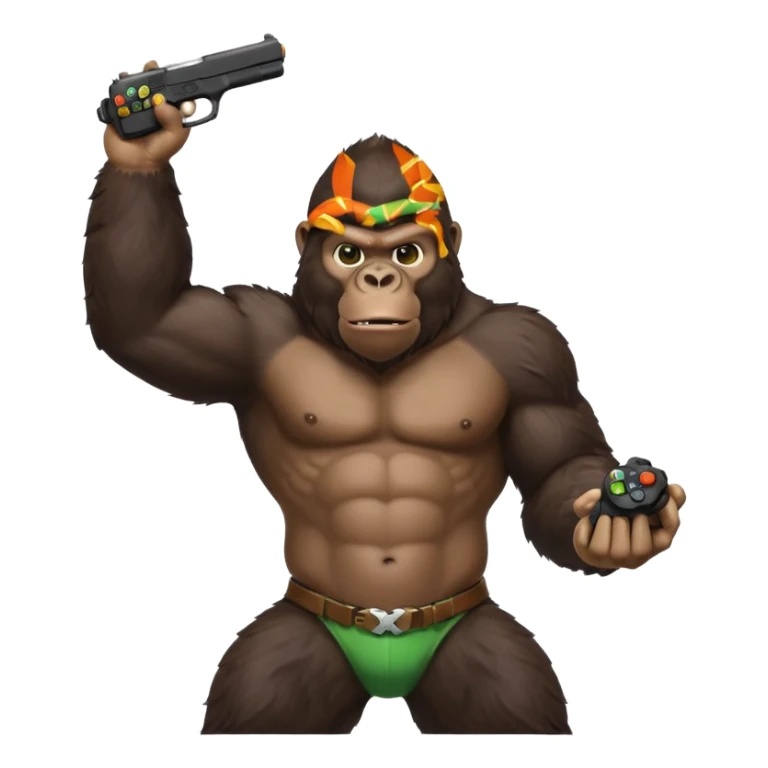 A gorilla holding a gun in the air with a Xbox controller  sticker