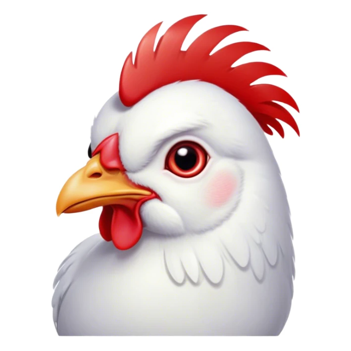 Cinematic Cute White Chicken Portrait Emoji, Head tilted playfully and inquisitively, featuring smooth, immaculate white feathers and a delicate red comb, round, sparkling beady eyes filled with curiosity, Simplified yet irresistibly adorable features, highly detailed, glowing with a warm, friendly glow, high shine, affectionate and lively, stylized with a touch of farmyard whimsy, bright and endearing, soft glowing outline, capturing the essence of a mischievous yet loving chicken, so playful it feels like it could peck out of the screen and into your arms! sticker