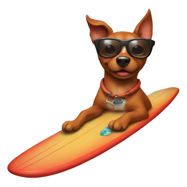 Red/ brown dog with sunglasses riding a surfboard with fish  sticker