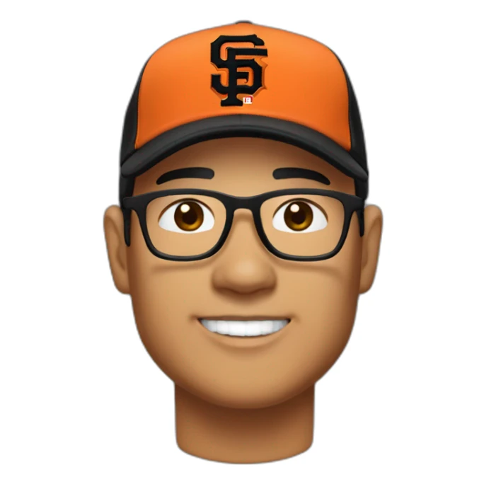 Asian middle age man with glasses, black quarter zip and black sf giants baseball cap sticker