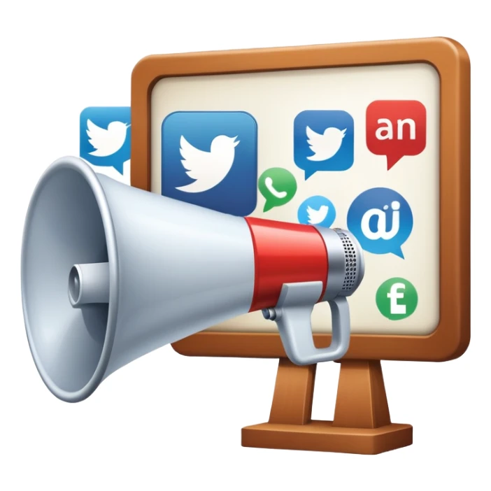 An icon featuring a megaphone, a billboard, and social media icons, symbolizing advertising and public relations. The design includes a press release and a rising graph, representing brand promotion and communication strategies. Transparent background highlights media influence and outreach. sticker