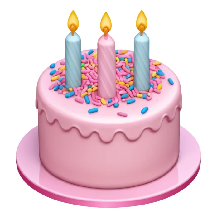 Draw a birthday cake with pink cream and topping on the top side using an isometric camera with a High-Angle Shot. sticker