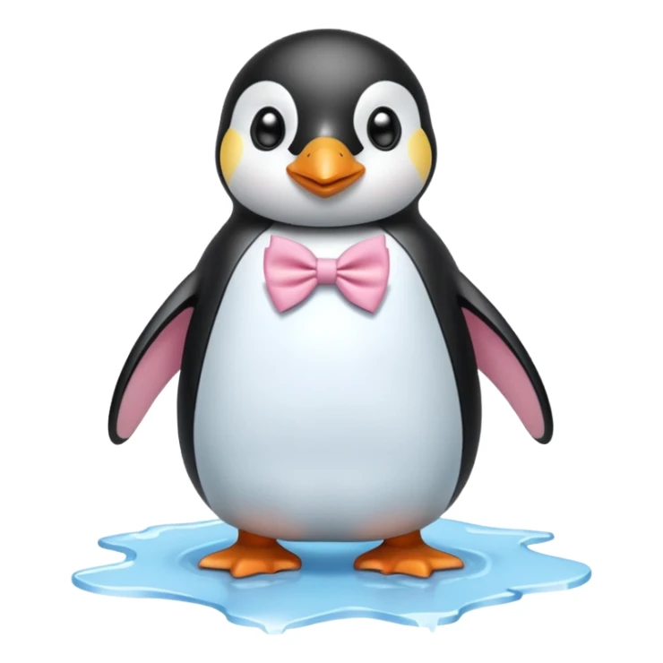 penguin, pink bow tie, standing on small ice melting sticker