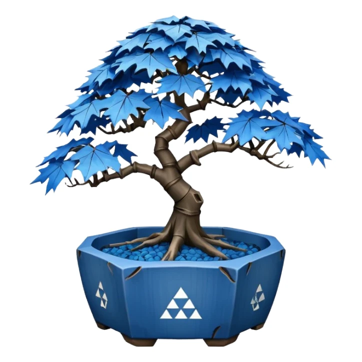 very old broken 35-sided polyhedron-shaped shallow dark bamboo blue maple tree bonsai pot sticker