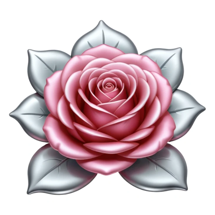 A rose emoji made of liquid silver metal, smooth metallic petals, reflective chrome surface, soft gradients, elegant shape, minimalistic iOS emoji style, centered, clean white background, realistic highlights, no text sticker