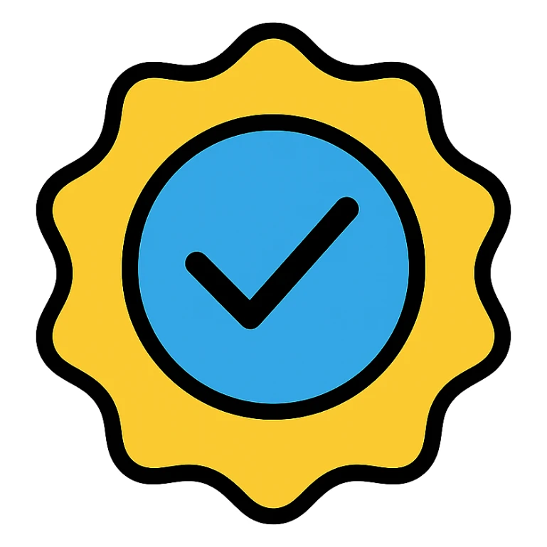verified badge icon with a checkmark in the center, color outline style sticker