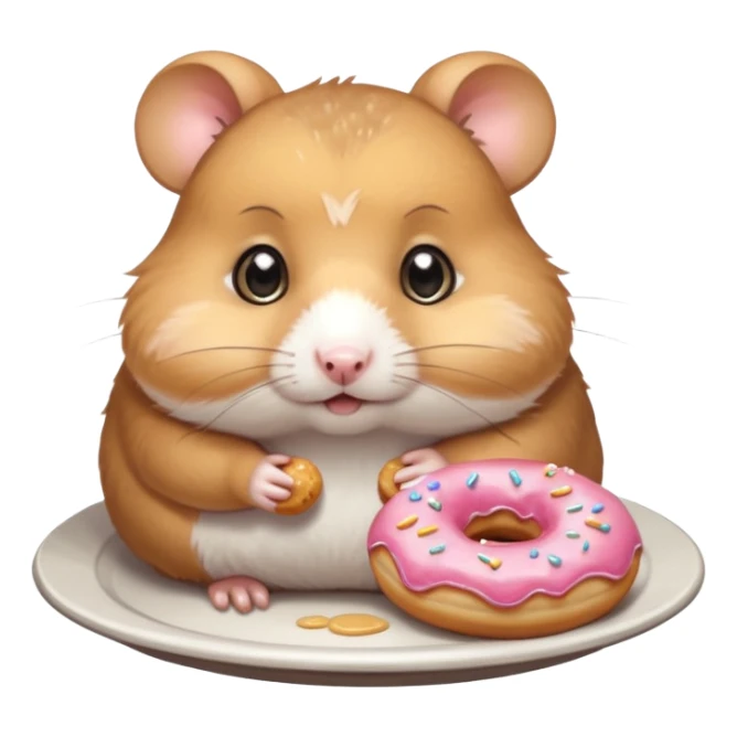Cute cartoon-style hamster staring dramatically at a donut on a plate, conflicted expression, big shiny eyes. Painterly shading, white background, sticker-style illustration sticker