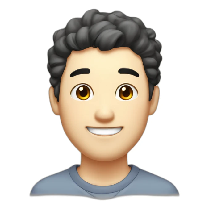 Fat, slightly thin, droopy eyes and eyebrows, thick lips, big head, smiling with a pencil, cute Japanese guy sticker