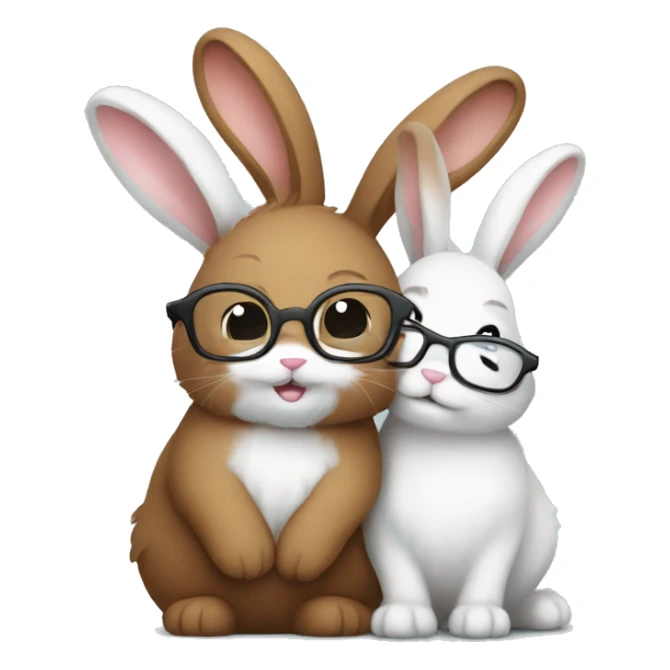 two bunnies. one white fluffy bunny with glasses cuddling brown fluffy bunny WITHOUT glasses sticker