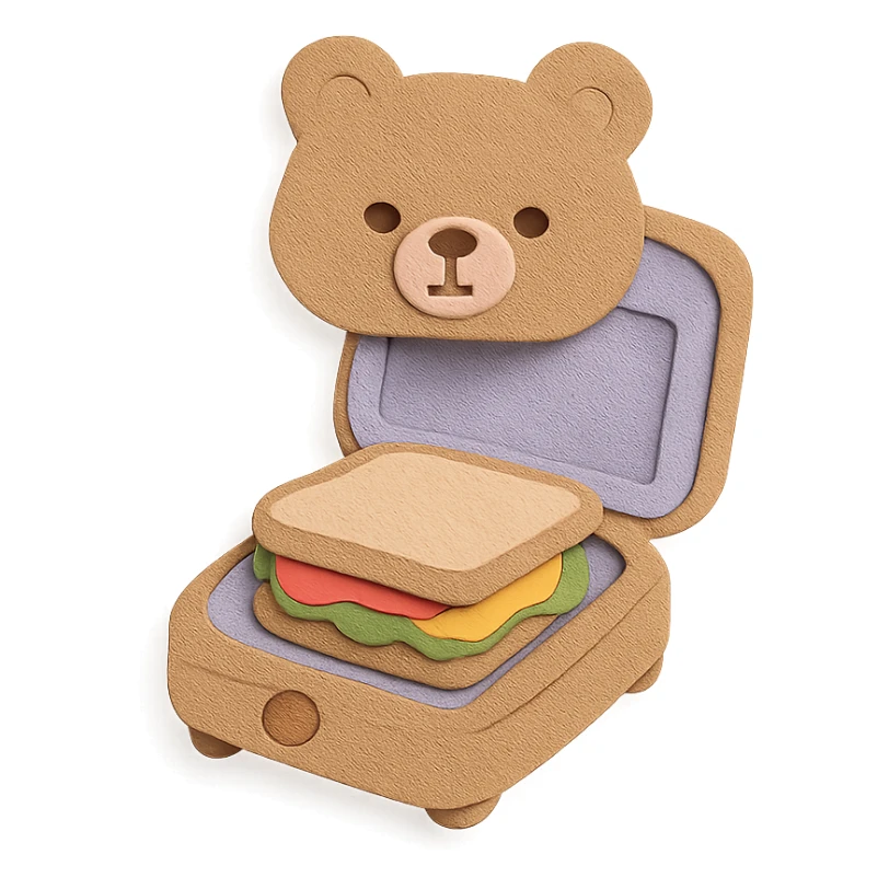 soft pastel sandwich maker bear opening with a cute sandwich inside, creamy brown, full-body sticker