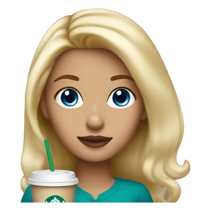 blonde girl blue eyes with Starbucks cup drink sticker