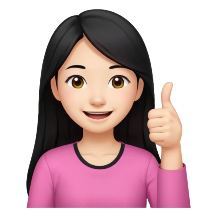 a girl genuinely feeling happy so so so much laughing so hard with her eyes folded long black hair asian girl on a pink shirt with her thumb up sticker