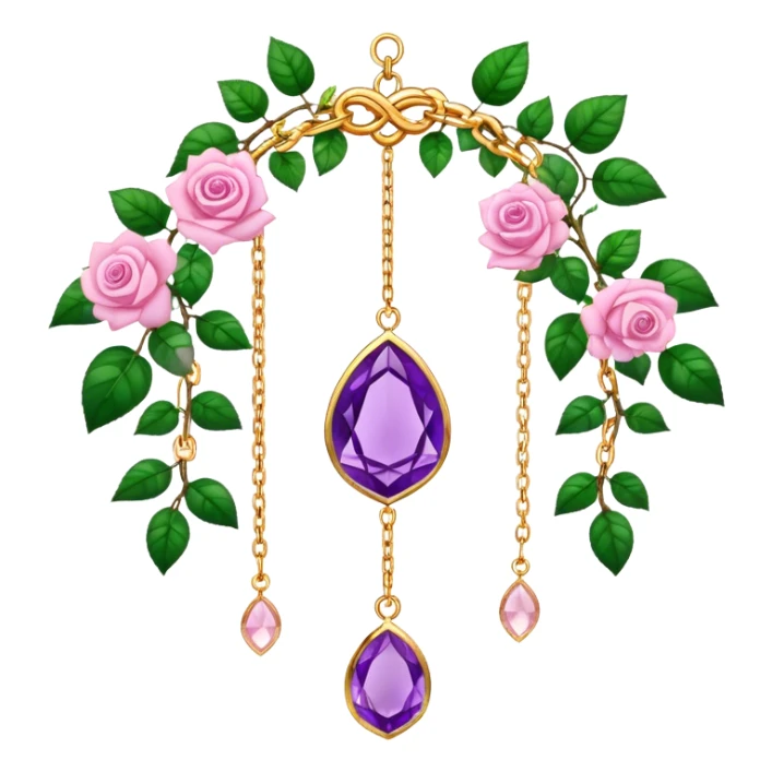 Hanging suncatcher, gold chains with shiny sparkly amethyst and rose-quartz gemstones, roses, beautiful leaves, gorgeous aesthetics sticker
