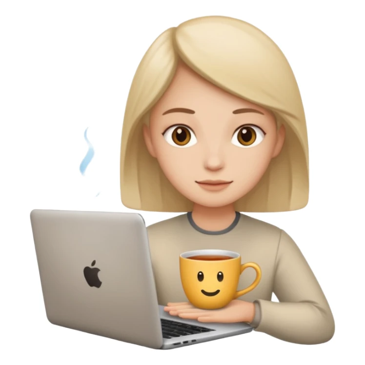 laptop, neutral face in display, cup of tea nearby sticker