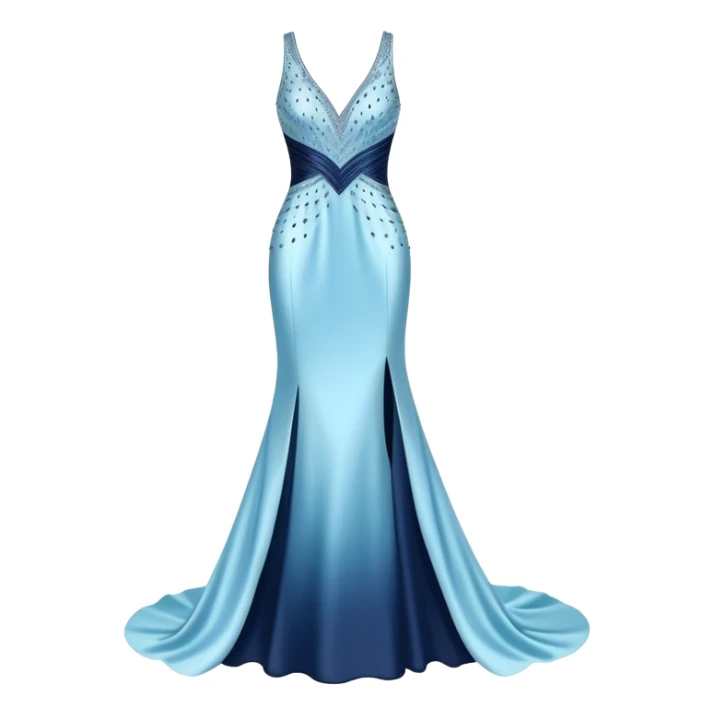 Realistic isolated long slim pastel blue formal party satin dress with gradient shiny sparkling navy blue diamonds embroidered on it. sticker