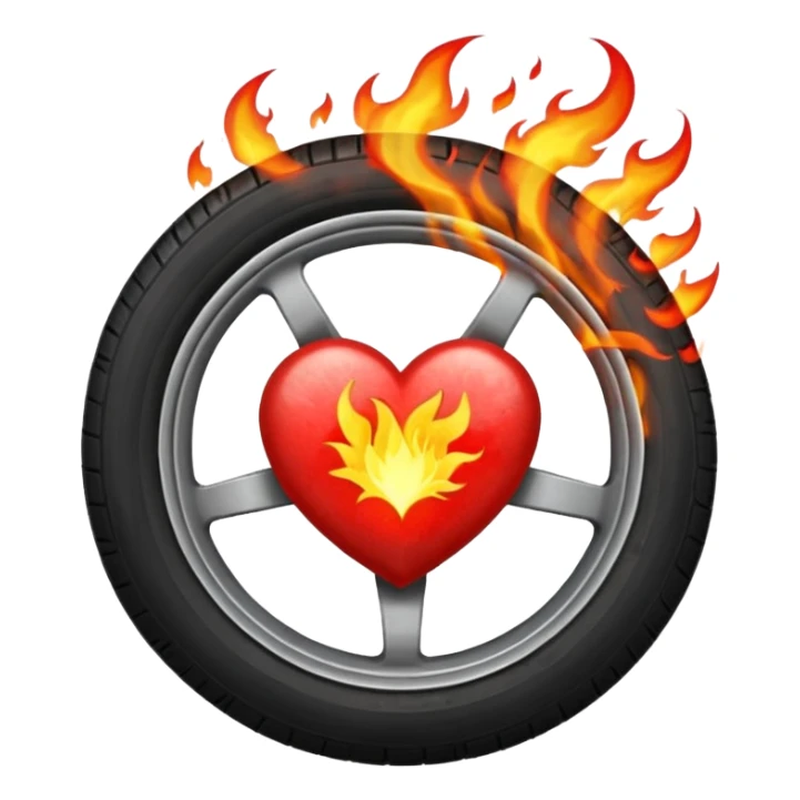 a car wheel on fire, sparks flying from underneath, and a red heart in the center of the wheel sticker