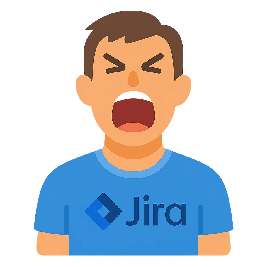 screaming IT guy wearing an Atlassian Jira t-shirt, colored icon sticker