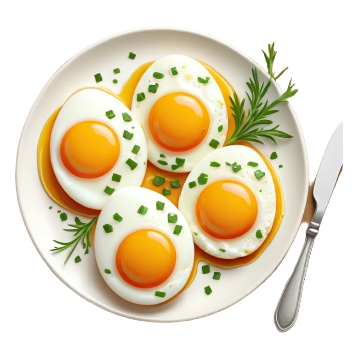 Cinematic sunny-side-up eggs, perfectly cooked with glossy yolks, crispy golden edges, sprinkled with fresh herbs, served on a rustic plate, bright and inviting, highly detailed and appetizing. sticker