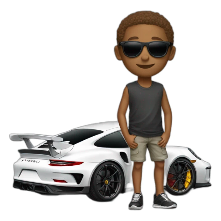 Boy wearing shades in front of Porsche 911 gt3rs  sticker