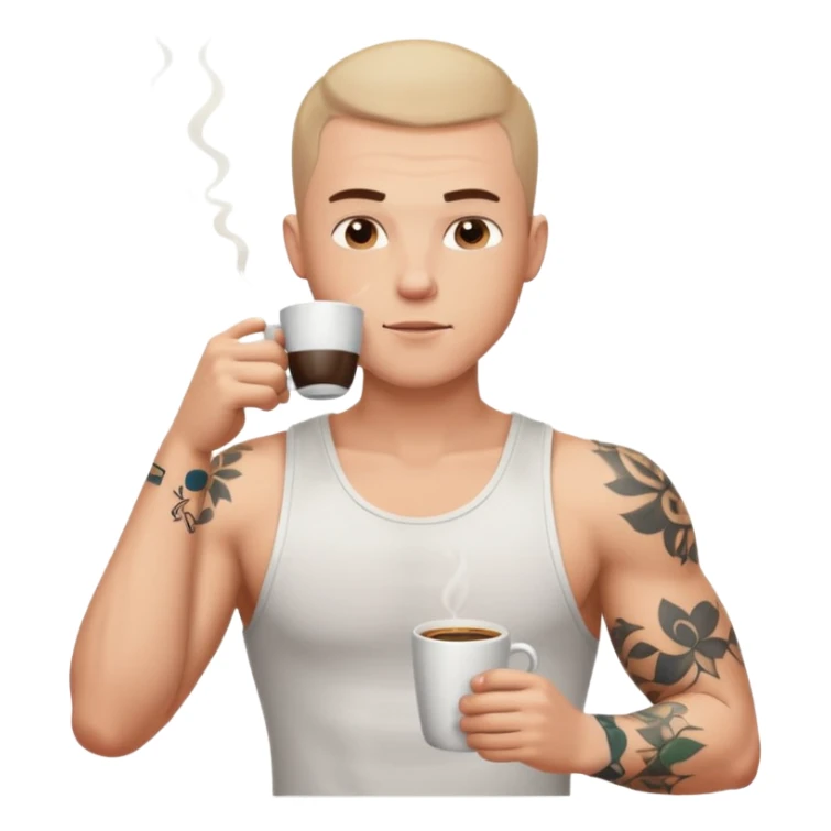 a white short guy wearing a white tank top with a buzz cut drinking a cup of coffee, hes got tattoos on his arms sticker