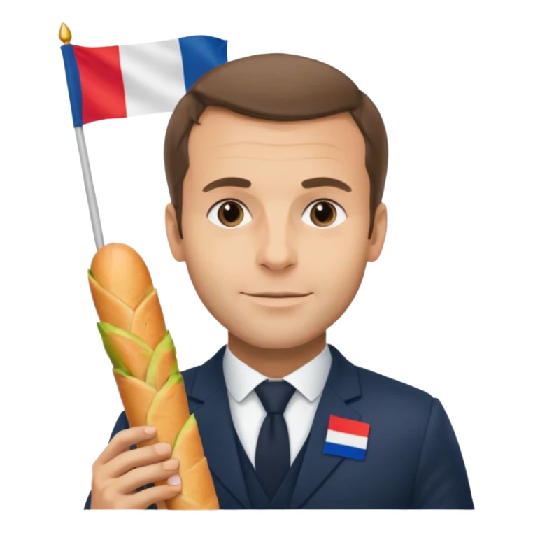 Macron avec une baguette et un drapeau français derrière lui sticker