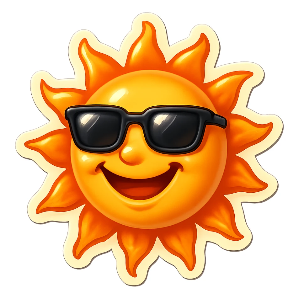 a smiling sun wearing sunglasses, retro sticker style sticker