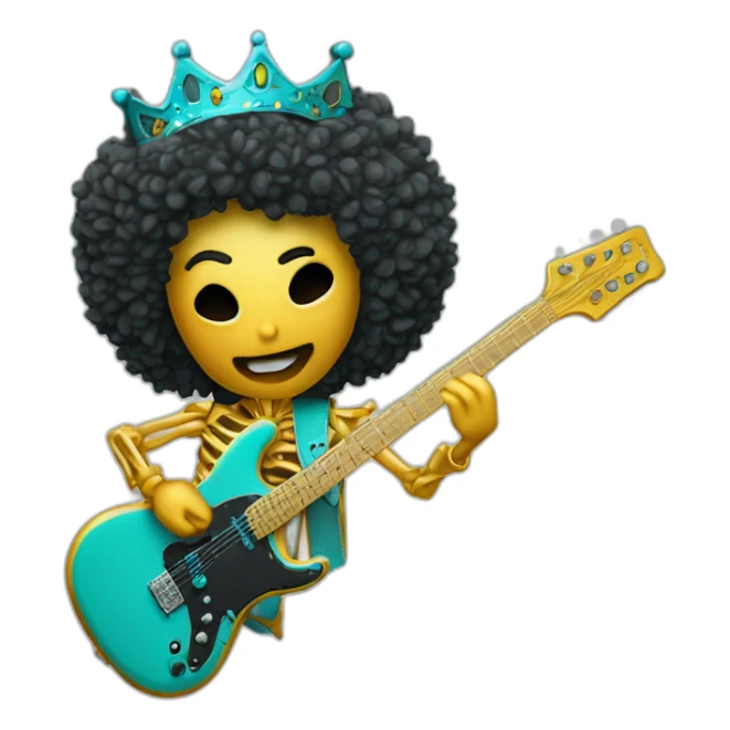Soolking brook ;black affro cut ;turquoise electric guitar;golden crown ;skeletal face sticker
