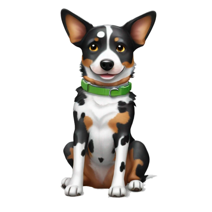 Black and white spotted Australian cattle dog with collar sticker