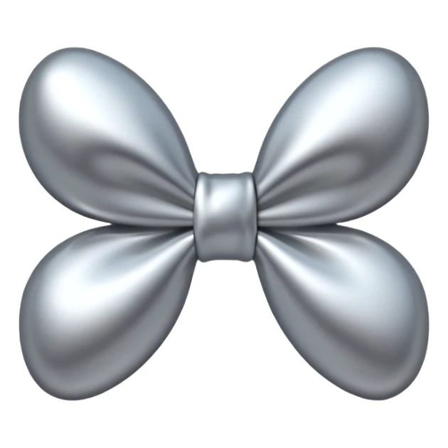 A cute bow emoji made of polished silver chrome, smooth rounded loops, glossy metallic surface, soft mirror reflections, subtle highlights, minimal and adorable proportions, iOS emoji style, centered composition, clean white background, soft studio lighting, no text, no outline, ultra high quality sticker