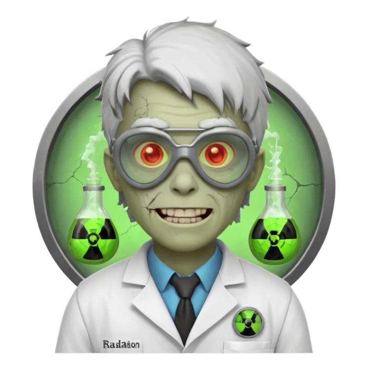 radioactive zombie scientist portrait, head and shoulders only, glowing toxic veins, cracked goggles, lab coat with radiation badge, sinister smile, 3D cartoon, mobile game icon style, clean background, no text, no watermark
 sticker
