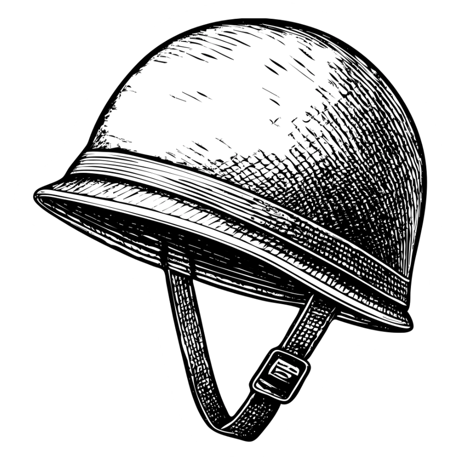 Create a schematic black and white technical style illustration of an American military helmet in the shape of the M1 helmet used in World War II and Vietnam. The helmet should have a dense fill, strict technical style, no text or labels, and be monochrome black and white. sticker