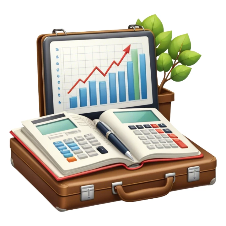 Icon for Business Reading: an open book with a graph and financial charts, a briefcase, a calculator, and a laptop nearby. The icon should represent the world of business, finance, and professional growth. Transparent background. sticker