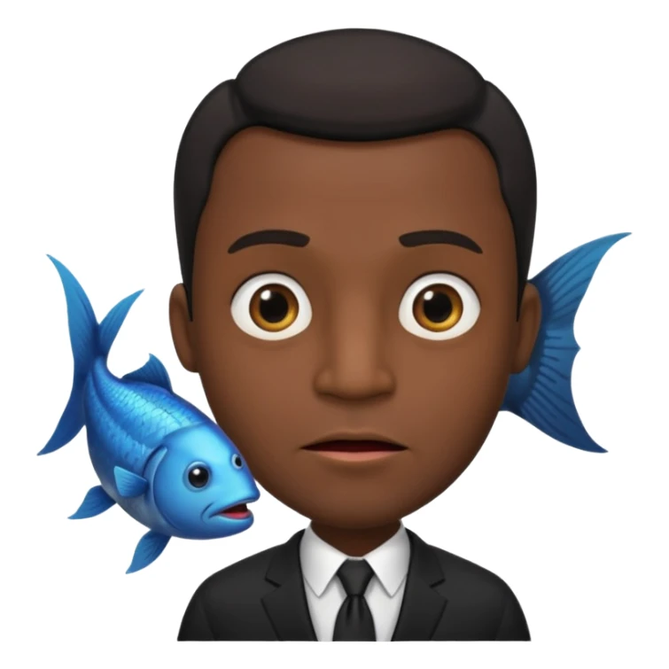 A man dressed in a black suit. His face is that of a fish — therefore, he has NO human face!! The fish’s face is positioned vertically, meaning its mouth is facing upward. Ok? sticker