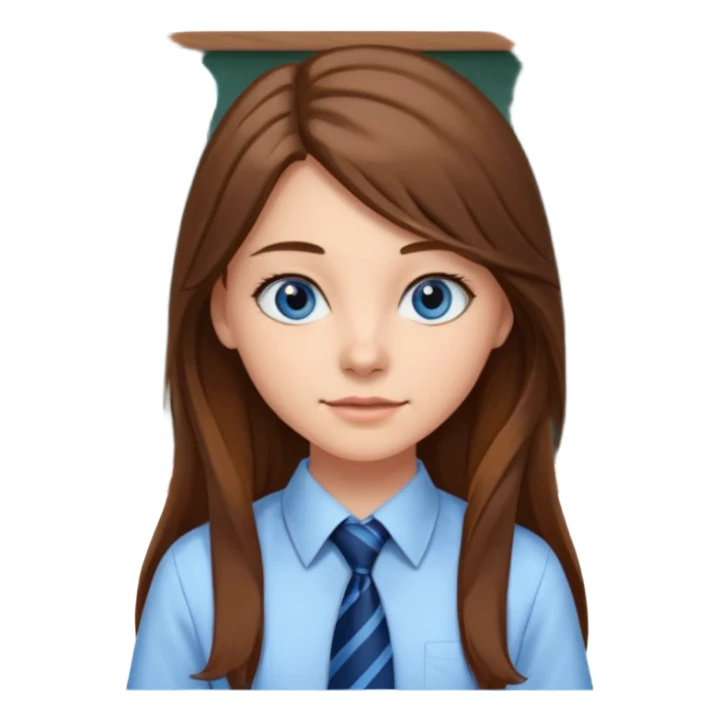 high school class room with a blackboard, with a pretty female high school student with long brown hair, blue eyes, wearing a tie sticker