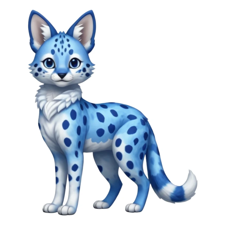 realistic, furry, big-eyed Cobalt-blue, sapphire-blue-spotted, white-pointed, exotic Serval-sergal-Trico-fusion-animal-hybrid, full body, with a gradient sky-blue fur coat sticker