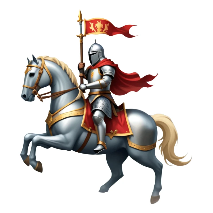 An icon representing an adventure game, inspired by medieval fantasy worlds. The design features a noble knight in gleaming armor, riding a powerful warhorse through a misty battlefield. The backdrop includes towering castles and banners flying in the wind, evoking a sense of honor, duty, and epic quests. Transparent background. sticker