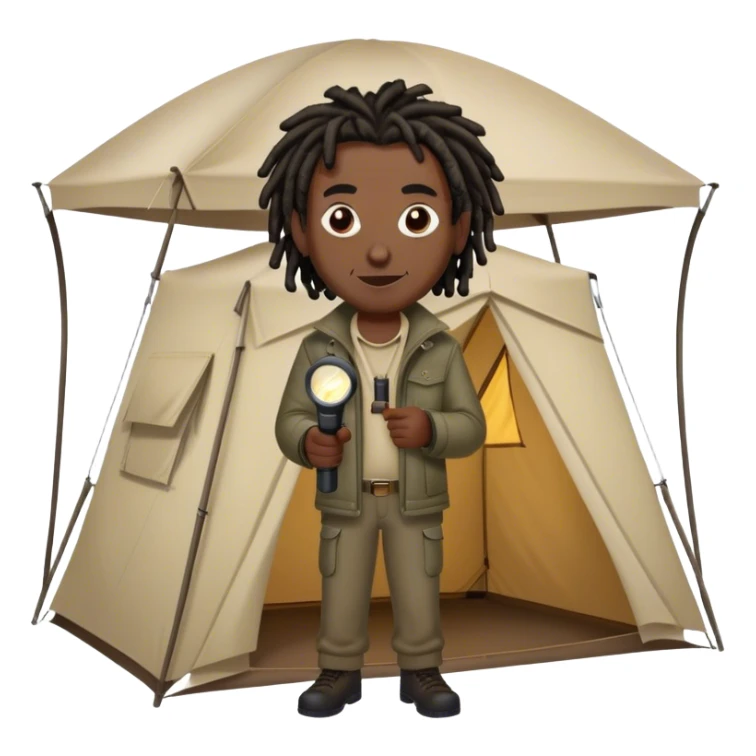 dark skinned black man with short dreads standing over a tent aiming his flashlight at the tent with an evil smile on his face sticker