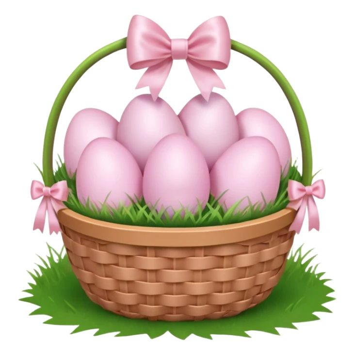 white basket full of light pink easter eggs on grass with a light pink bow sticker
