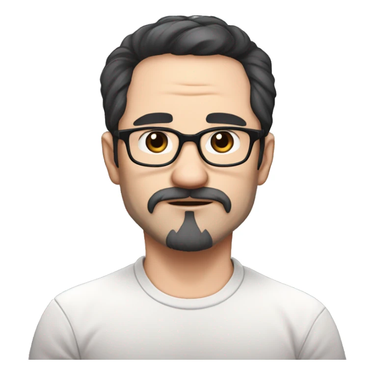masterpiece, anime style, chibi, illustrated logo, medium short shot, emote for twitch of a 46 year old man, oval face, black hair, wrinkles on forehead, brown eyes, white skin, inky shirt, short hair, glasses
 sticker