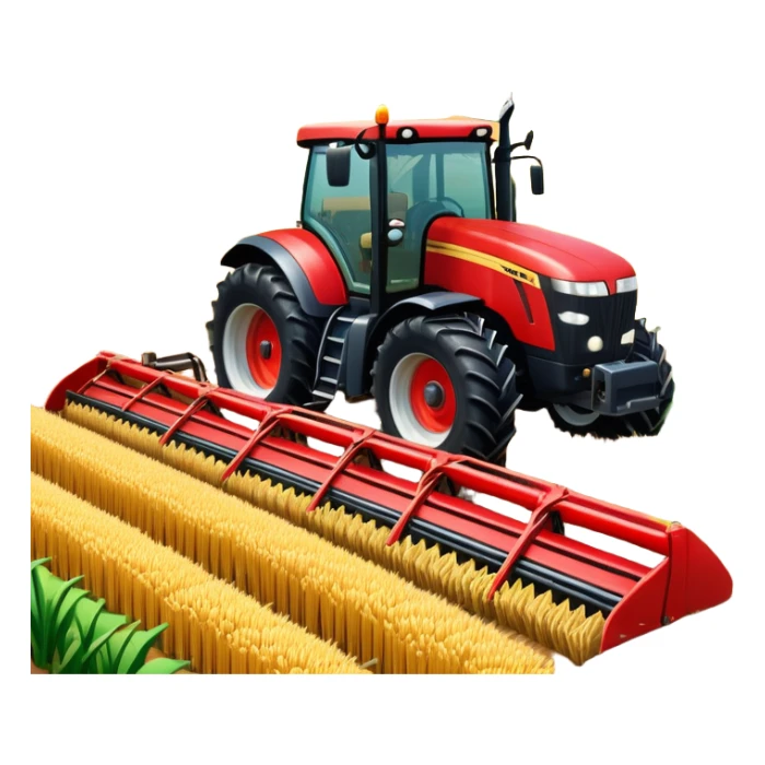 An icon representing a farming simulator, with a detailed tractor plowing fields under a bright sky with rural landscape. The design includes farming tools, crops and barns, symbolizing the immersive experience of managing a farm. Transparent background. sticker