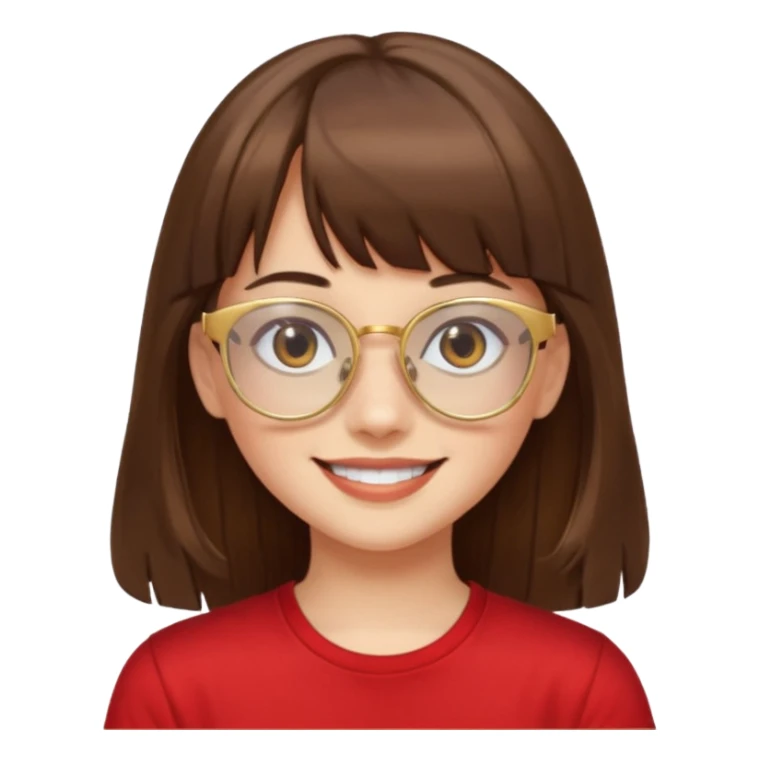 chica con piel blanca sonriendo, ojos marrones y pelo marrón largo con flequillo y lentes dorados con remera roja. sticker