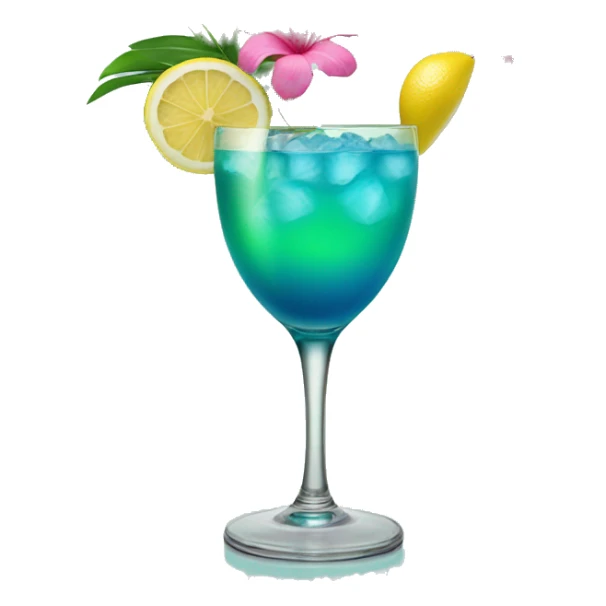 Blue/green cocktail with pink tropical flowers and lemon sticker