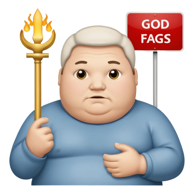 fat guy holding sign that says “god hate fags” sticker