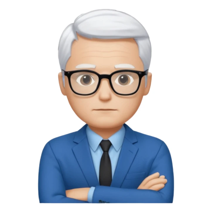 Man wearing thin black glasses, short white hair, blue suit, open blue shirt, arms folded,  sticker