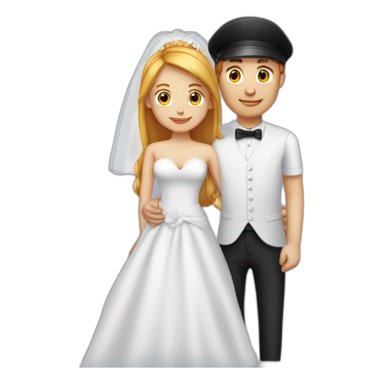 wedding couple blond man with black cap and white shirt, woman with medium red hair shirt with neckline sticker