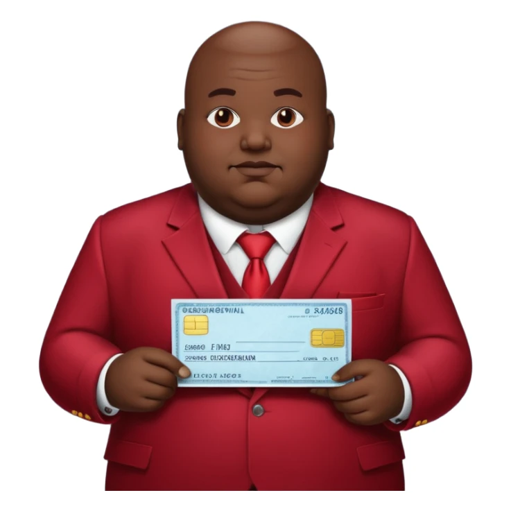 fat guy bold head in dark red velvet suit holding cheque sticker
