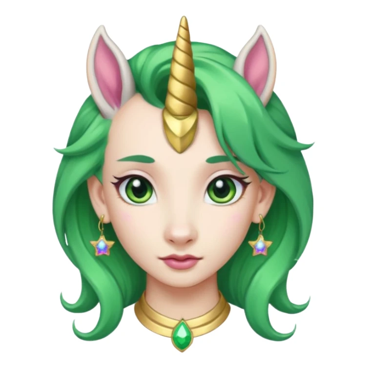 unicorn with green hair and big earrings looking into camera sticker