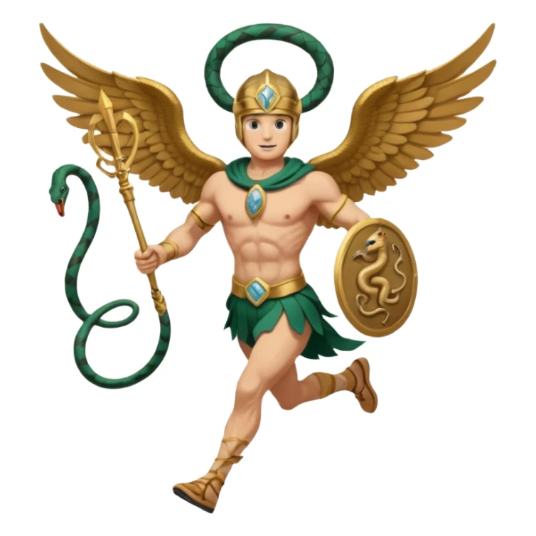 a guy (hermes) running with his caduceus (winged staff + two nakes) and a petasos on his head (winged helmet) sticker