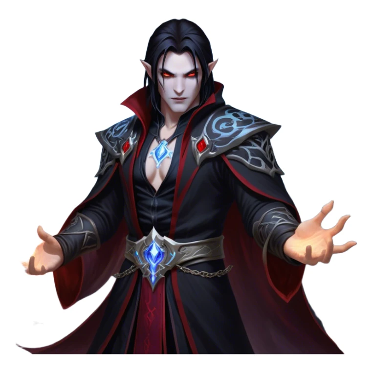 Cinematic Realistic WoW Vampire Mage Portrait, captured in a dynamic, battle-ready pose as he unleashes a torrent of arcane energy. His pallid skin and sleek dark hair contrast sharply with the flowing black robe adorned in silver filigree and glowing runes, while his crimson eyes radiate unyielding power. Rendered with intense, lifelike texture and dynamic, eerie lighting, high shine, embodying the fierce, relentless spirit of a dark sorcerer. sticker